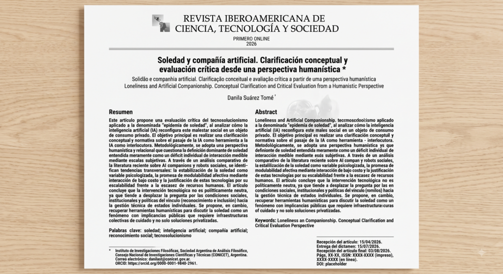 Gemini_Generated_Image_gg795sgg795sgg79 Portada del artículo "Soledad y compañía artificial" publicado en la Revista Iberoamericana de Ciencia, Tecnología y Sociedad.