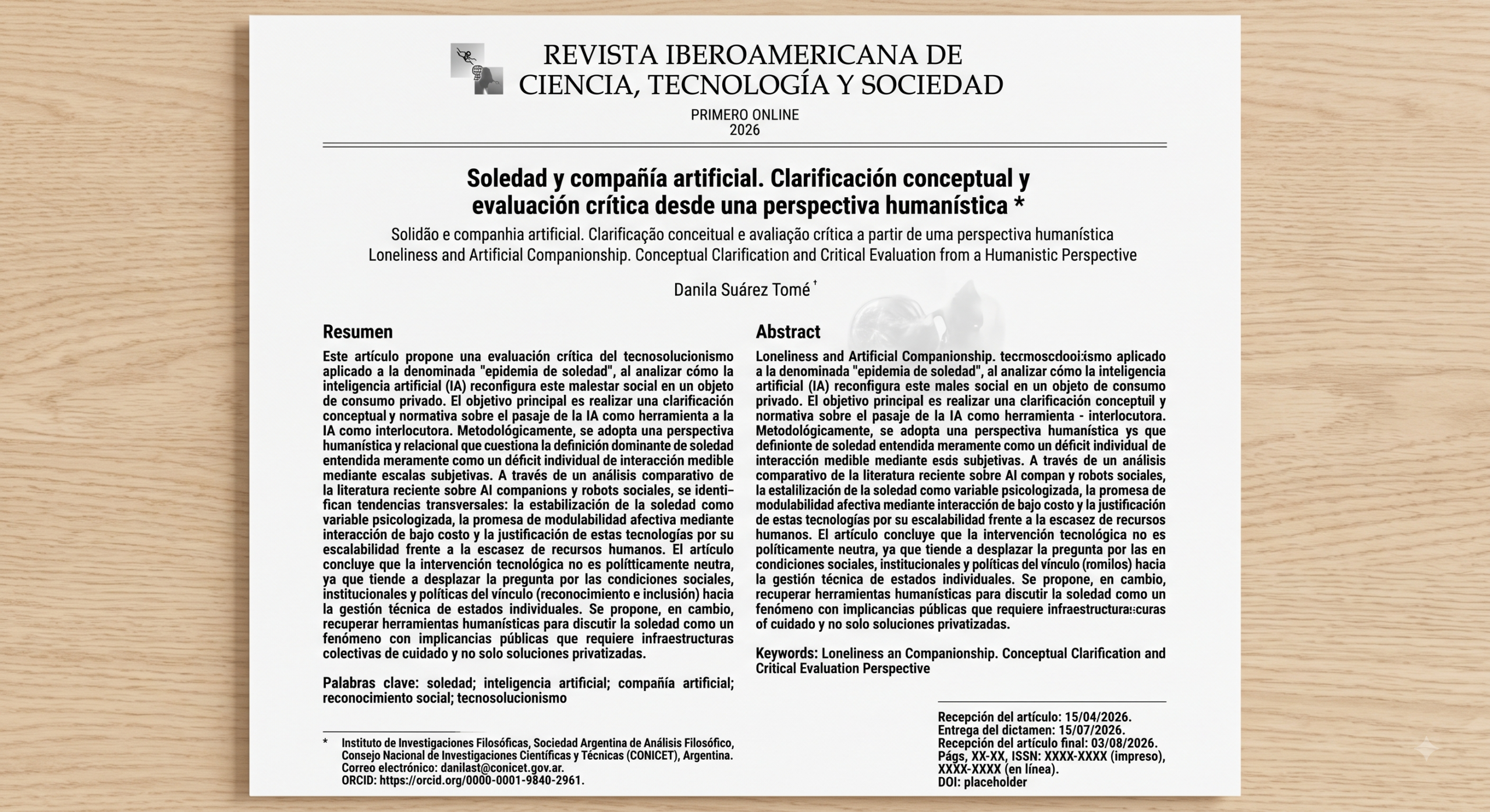 Portada del artículo "Soledad y compañía artificial" publicado en la Revista Iberoamericana de Ciencia, Tecnología y Sociedad.