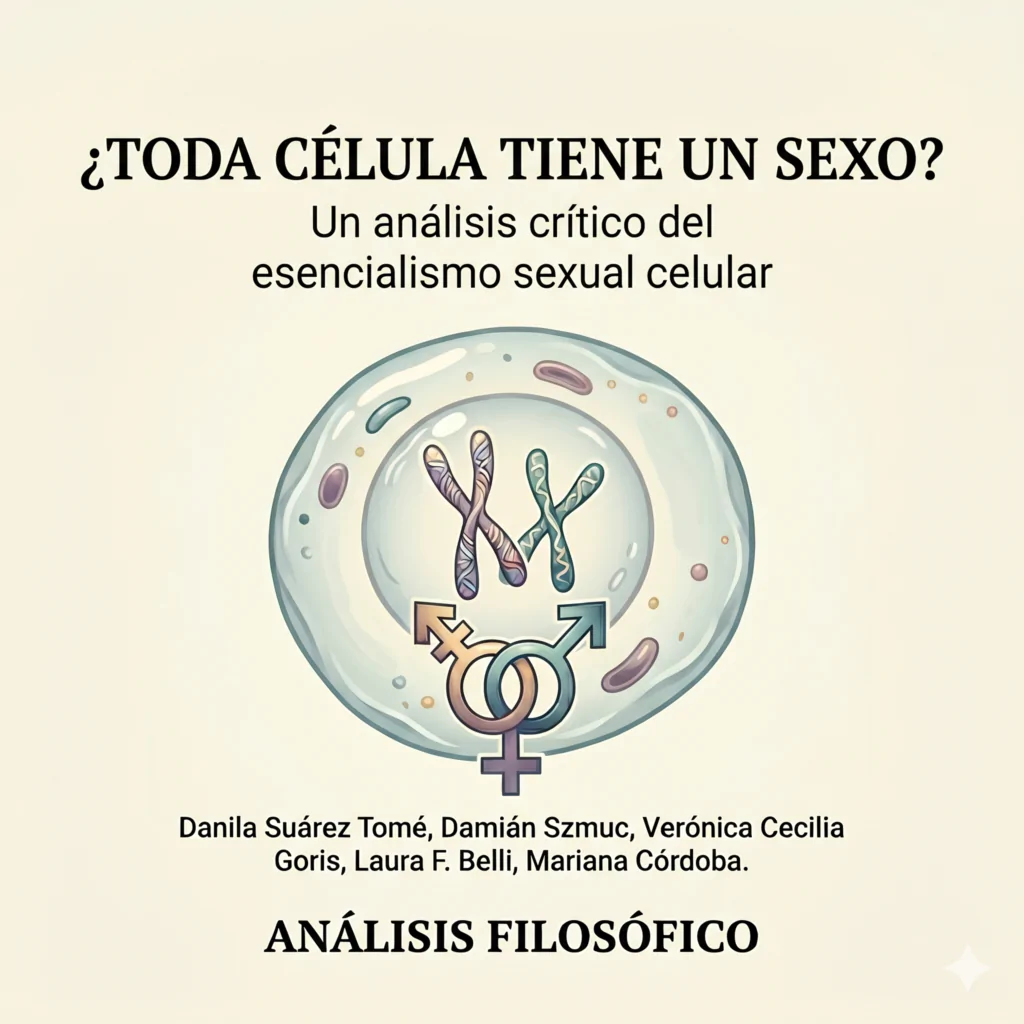 Portada del artículo "¿Toda célula tiene un sexo? Un análisis crítico del esencialismo sexual celular" de Danila Suárez Tomé y colaboradores para la revista Análisis Filosófico. La imagen presenta una ilustración minimalista de una célula con cromosomas y símbolos de género sobre un fondo sobrio.
