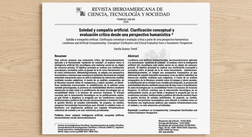 Portada del artículo "Soledad y compañía artificial" publicado en la Revista Iberoamericana de Ciencia, Tecnología y Sociedad.