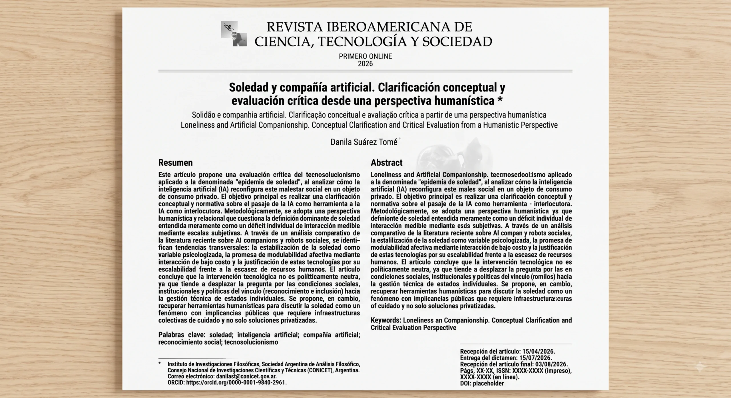 Portada del artículo "Soledad y compañía artificial" publicado en la Revista Iberoamericana de Ciencia, Tecnología y Sociedad.